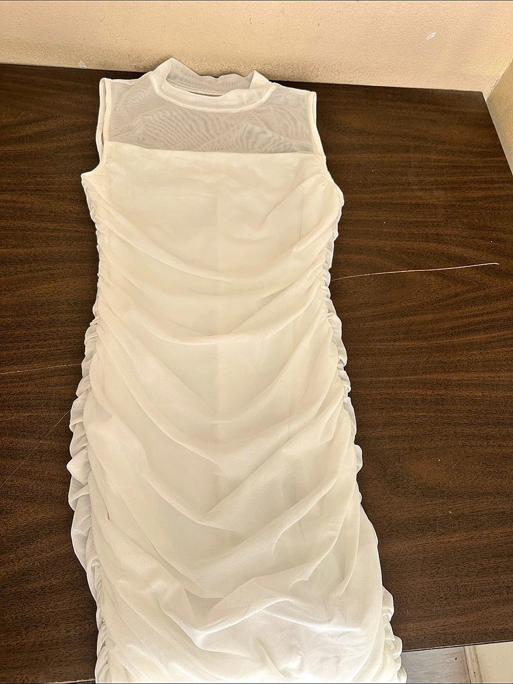 Simplee The Modern Movement White Mesh Ruched Mock Neck Mini Dress